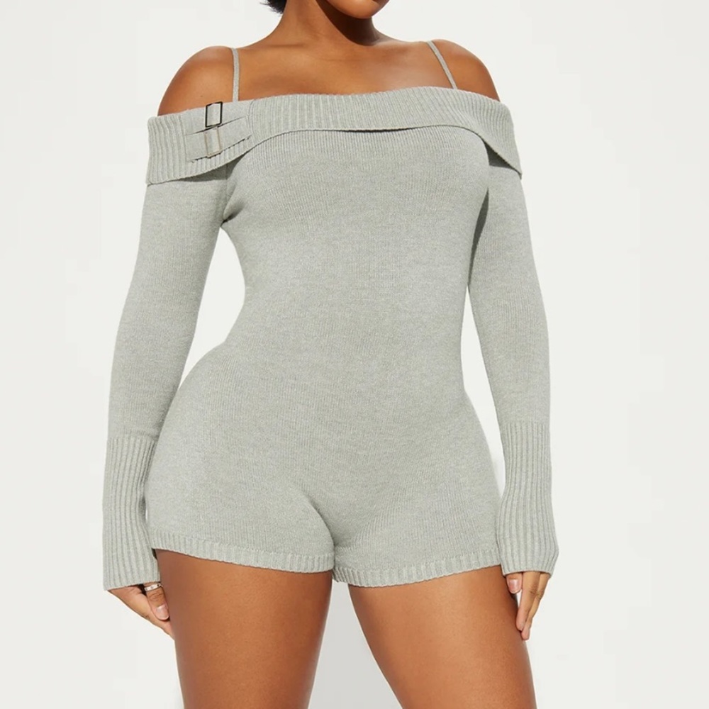 Grey off the shoulder knit romper